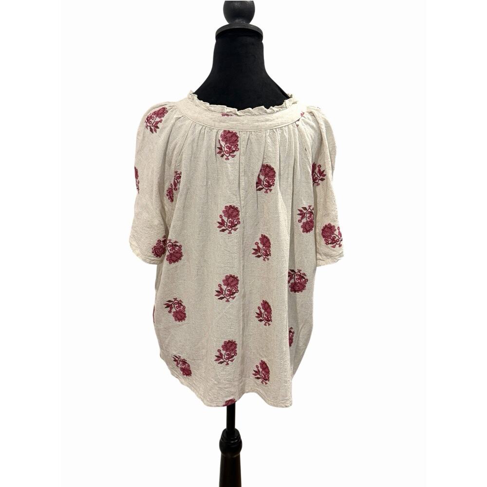 Solitaire Women’s Linen Blend Peasant Blouse SZ 2X Boho Floral Stitch Ruffle - Picture 2 of 14